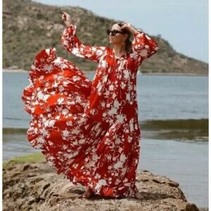 Johanna Ortiz H&M Dress Small Satin Oversized Red White Floral Maxi Elegant Boho